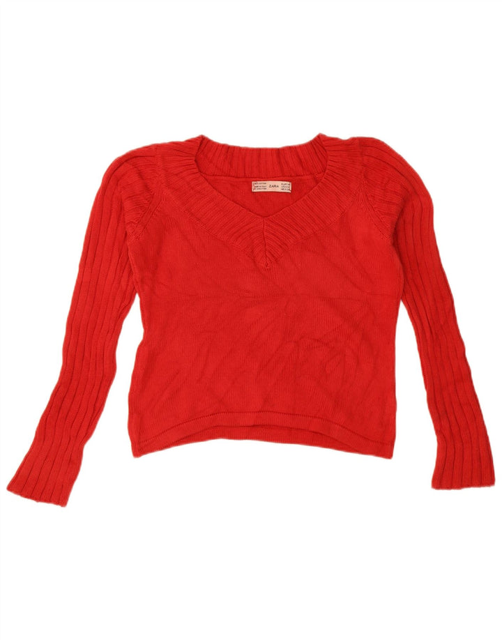 Zara Womens Crop V-hals sweater UK 12 Medium Rød Bomuld