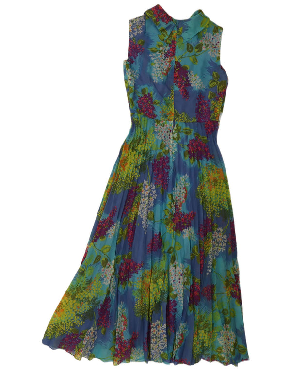 Vintage dame ærmeløs Maxikjole UK 12 Medium Blue Floral Syntetisk