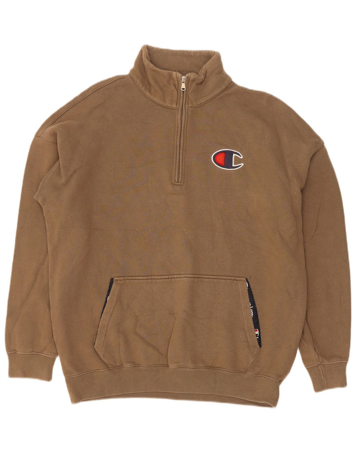 Champion Herre Zip Neck Sweatshirt Jumper Stor Beige Bomuld