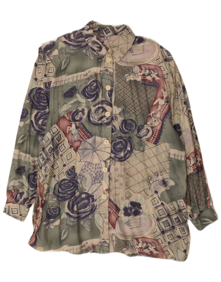 Vintage kvinders abstrakt mønster Longline skjortebluse UK 18 XL Grøn