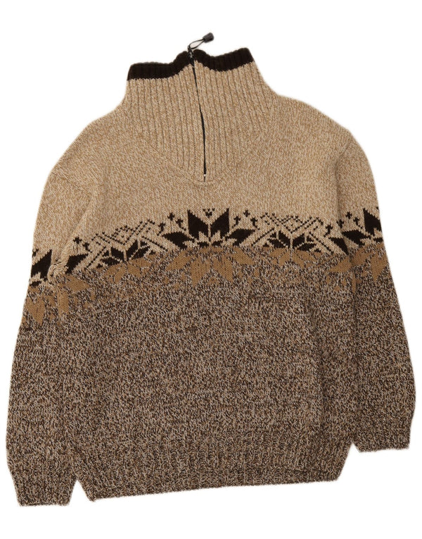 Vintage Herre Zip Neck Jumper Sweater Medium Brown Fair Isle Akryl