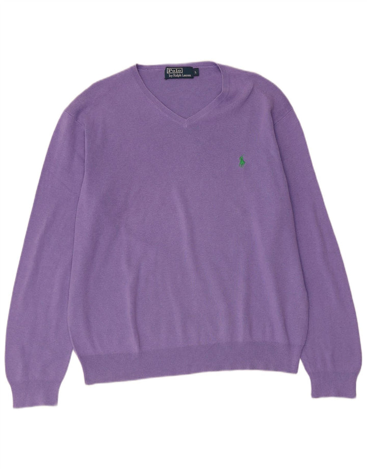 POLO RALPH LAUREN Dame V-hals sweater UK 16 Stor lilla bomuld