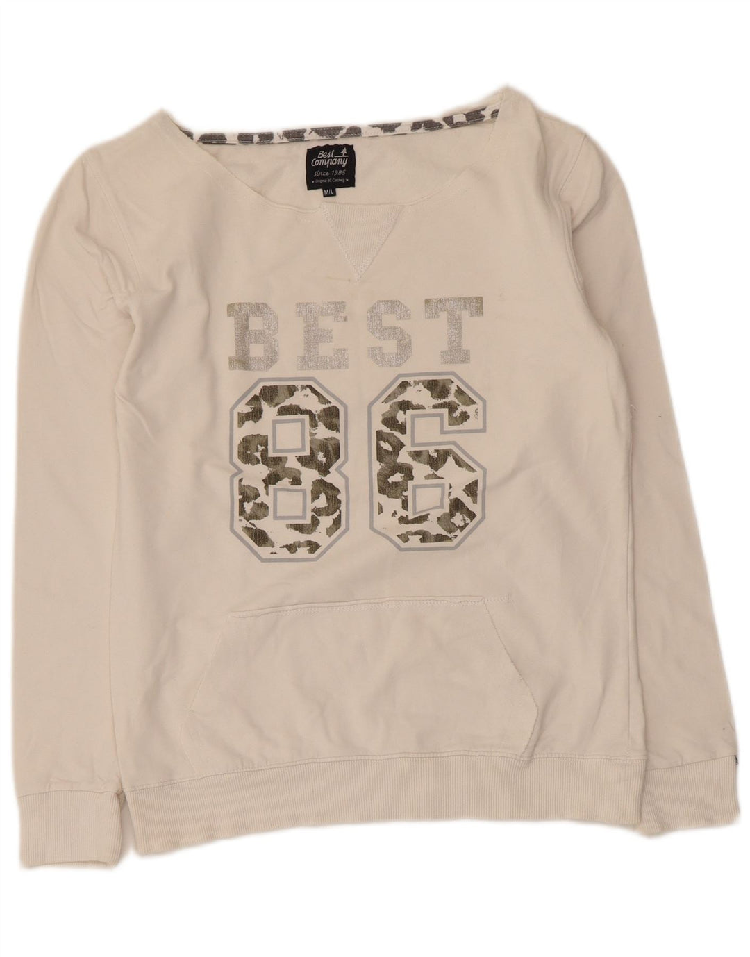 Bedste Firma Dame Grafisk Sweatshirt Jumper UK 12 Medium Hvid Bomuld