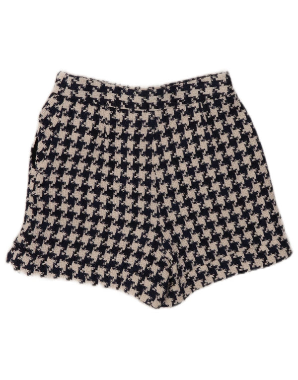 Zara Womens High Rise Casual Shorts XS W24 Navy Blue Houndstooth Cotton
