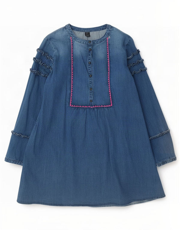 Replay Girls Ruffle Front Langærmet Denim Kjole 15-16 År Blå Bomuld