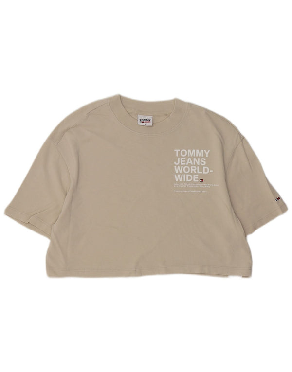 TOMMY HILFIGER Dame Oversized Crop Grafisk T-Shirt Top UK 10 Small Beige