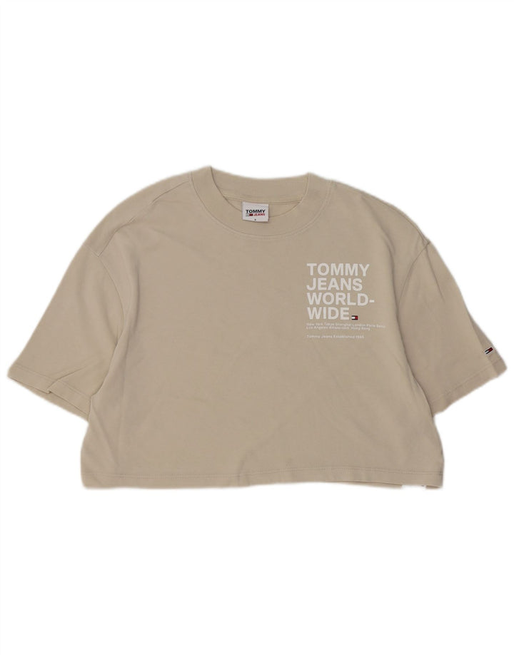 TOMMY HILFIGER Dame Oversized Crop Grafisk T-Shirt Top UK 10 Small Beige