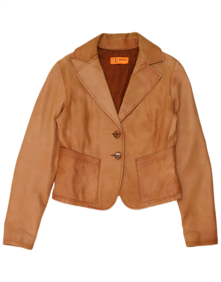 Society Womens Crop 2 Button Blazer Jacket UK 12 Medium Brown Læder