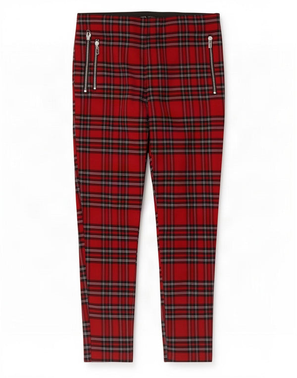 Zara Dame Skinny Casual Bukser XL W32 L27 Rød Plaid Viscose