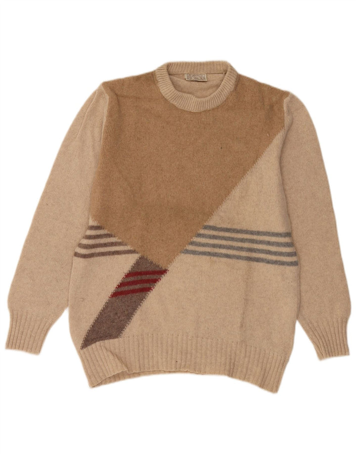 Vintage herre rund hals sweater stor beige farveblok