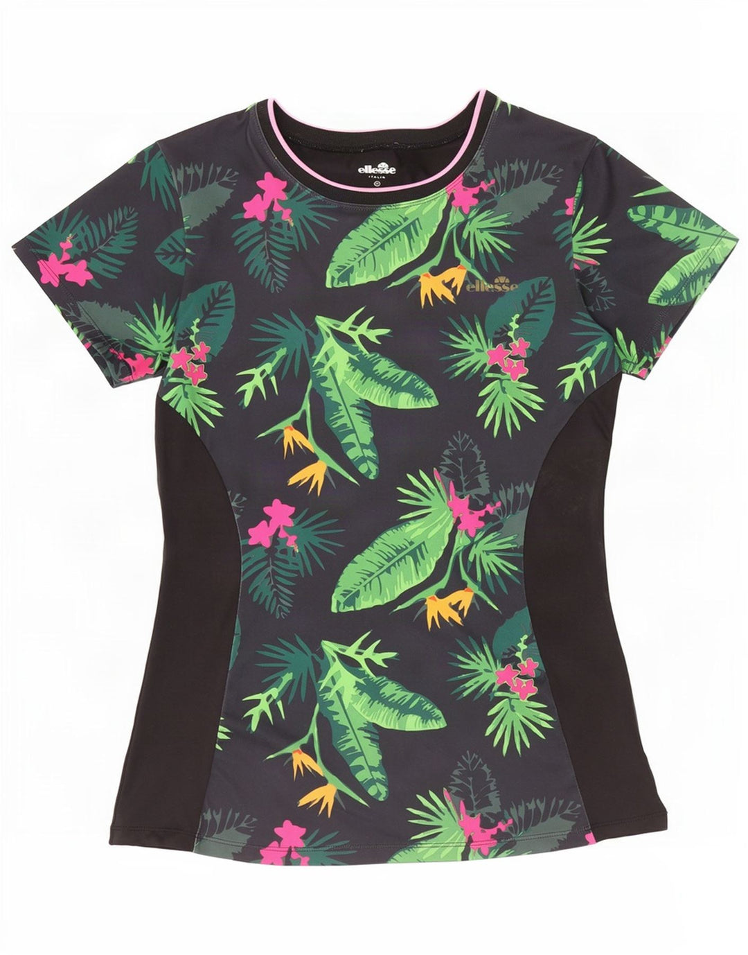 Ellesse Womens Grafisk T-Shirt Top UK 12 Medium Black Floral Polyester