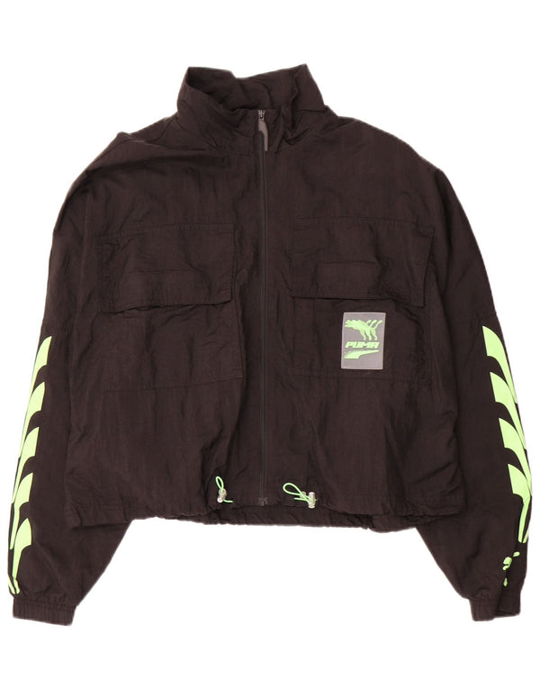 PUMA Womens Crop Graphic Oversized Tracksuit Top Jacket UK 16 Large Black