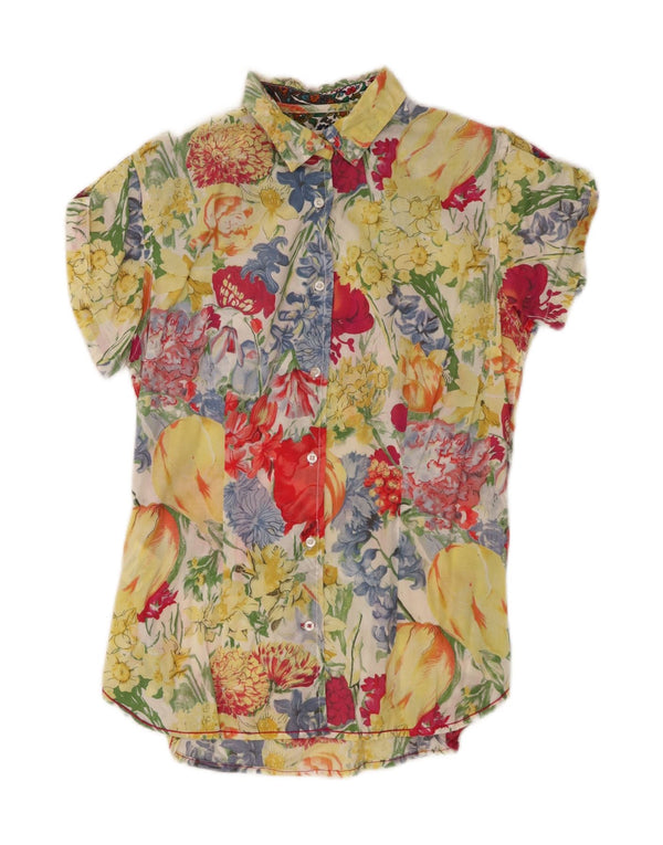Ganesh Womens Short Sleeve Shirt UK 14 Medium Yellow Floral Cotton