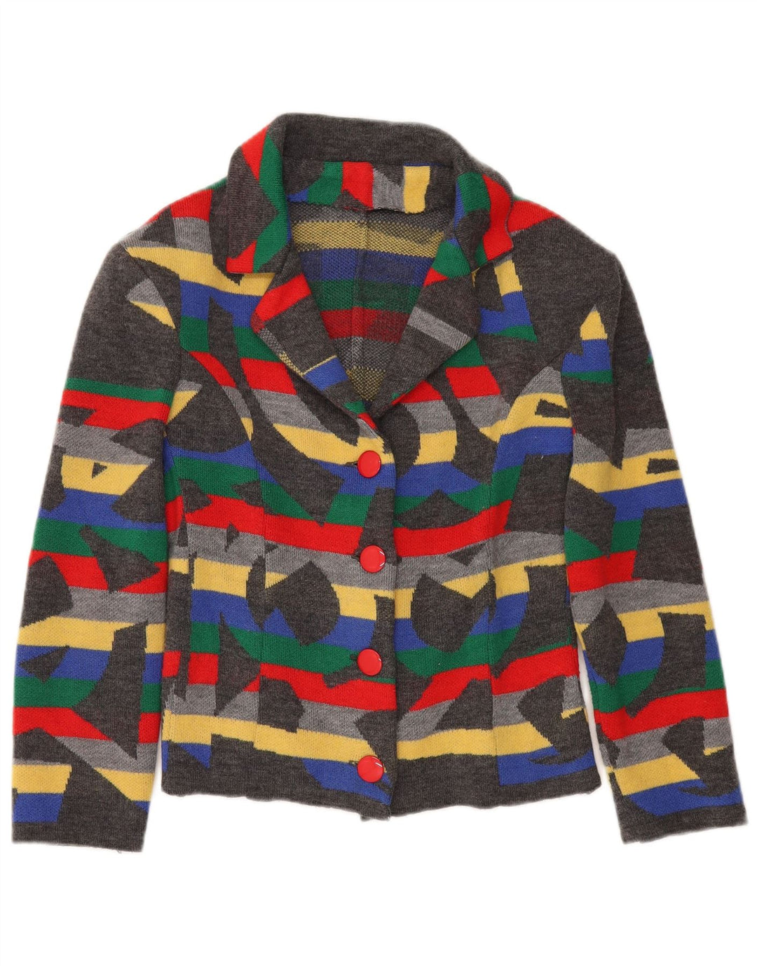 Vintage damestrikket 4-knaps blazerjakke UK 12 Medium Grå Geometrisk