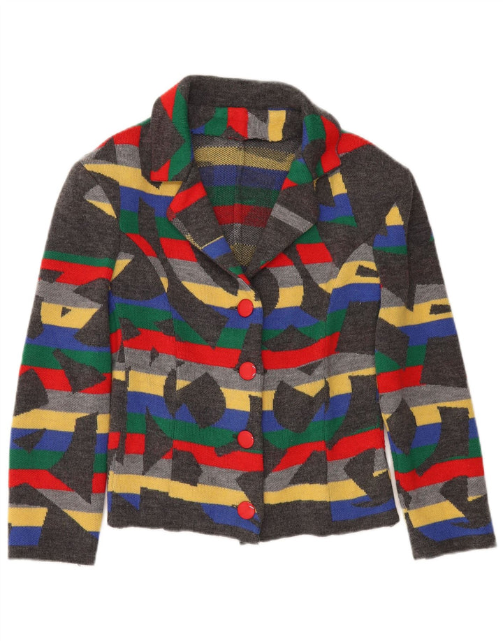 Vintage damestrikket 4-knaps blazerjakke UK 12 Medium Grå Geometrisk