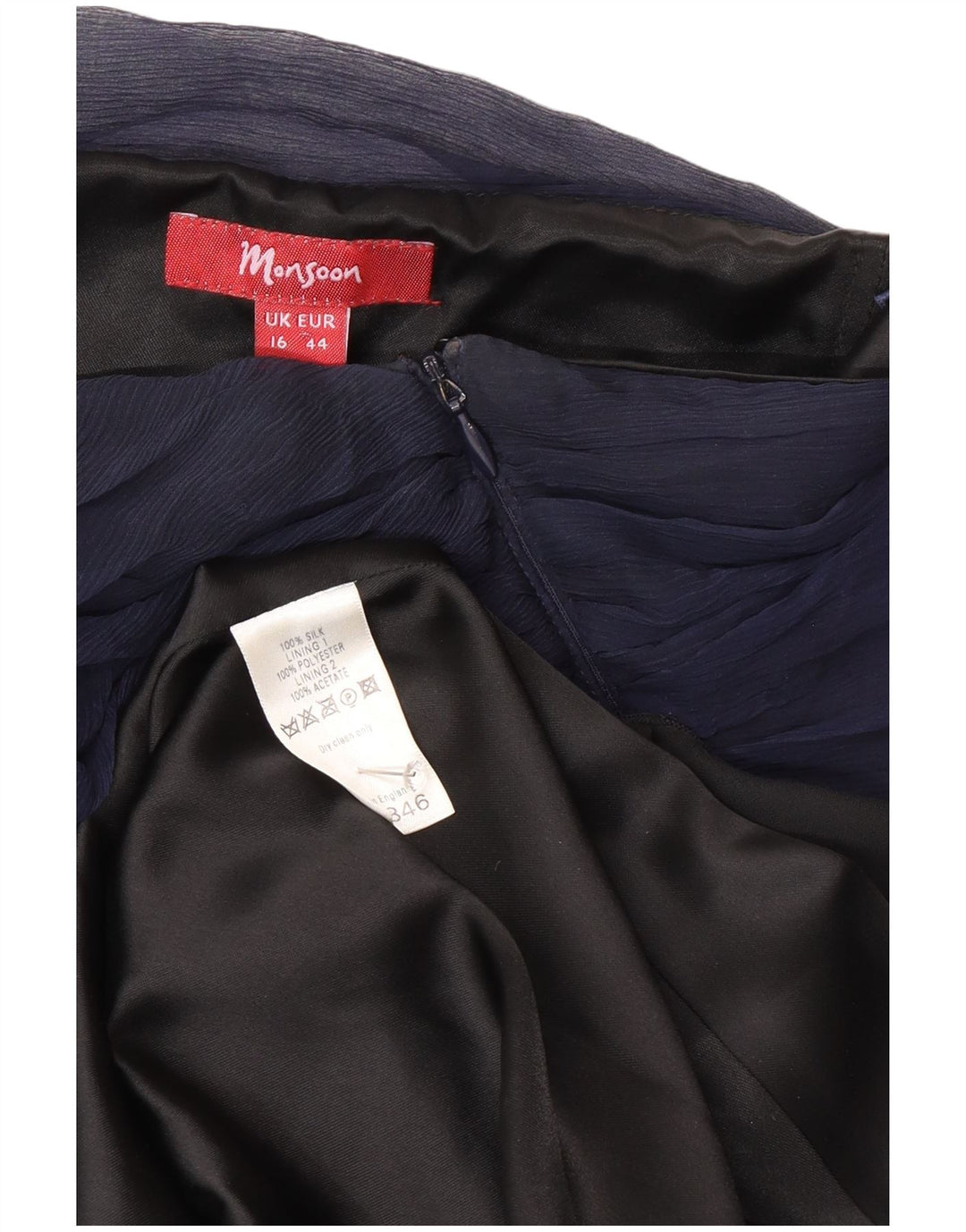 Monsoon Dame Asymmetrisk Stropløs Kjole UK 16 Large Navy Blue Silk
