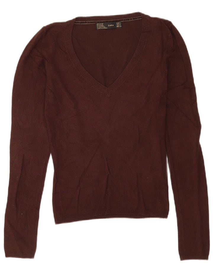 Zara Dame V-hals sweater UK 10 Small Brown Rayon