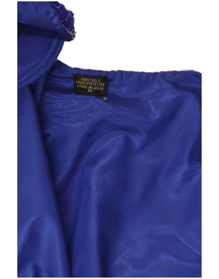 Vintage Dame Crop Blazer Jacket UK 14 Medium Blue Silk