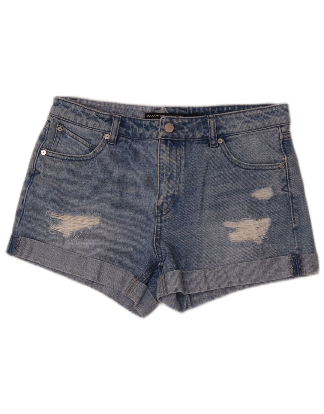 Volcom Womens Boyfriend Fit Distressed Denim Shorts W28 Medium Blue Cotton