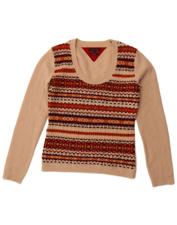 TOMMY HILFIGER Dame Boat Neck Jumper Sweater UK 10 Small Beige Fair Isle