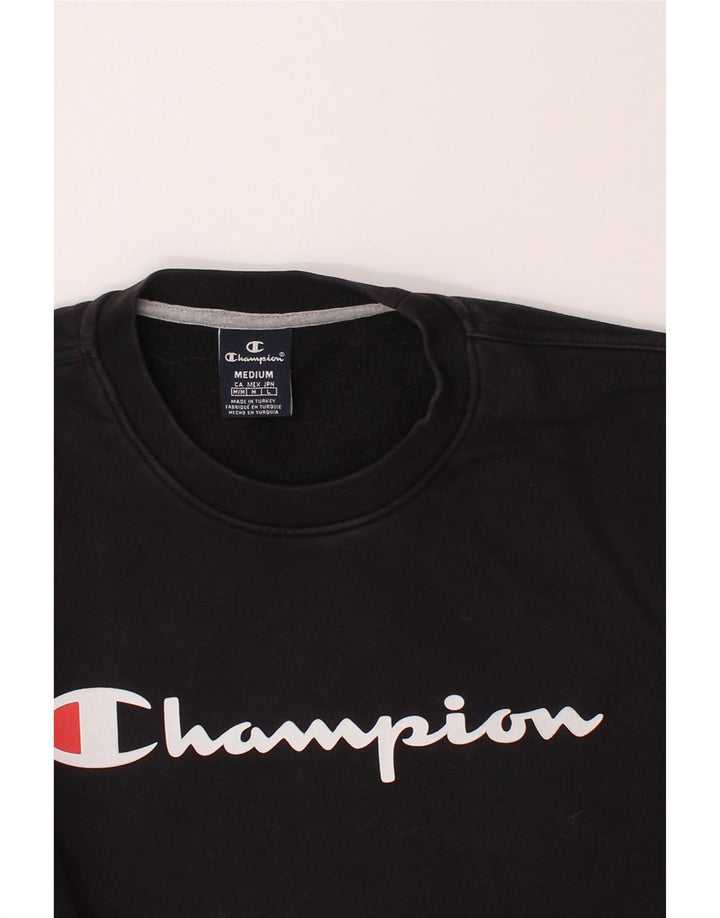 CHAMPION Mens Graphic Sweatshirt Jumper Medium Black Cotton Vintage Champion and Second-Hand Champion from Messina Hembry 