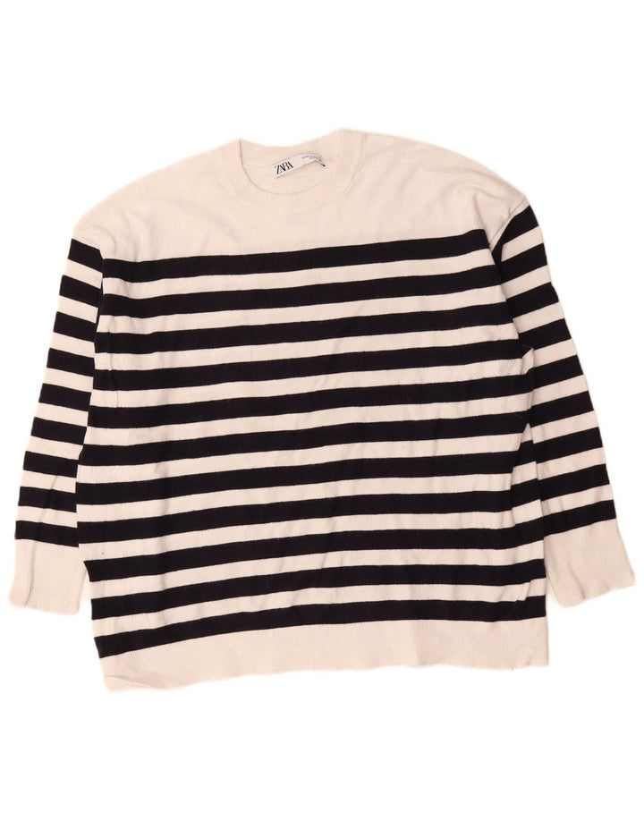 Zara Dame Oversized Crew Neck Jumper Sweater UK 14 Mellem hvid stribet