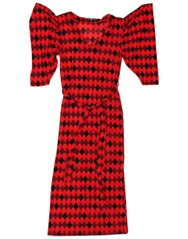 ZARA Kortærmede Maxikjole til kvinder UK 12 Medium Rød Argyle/Diamond Nylon