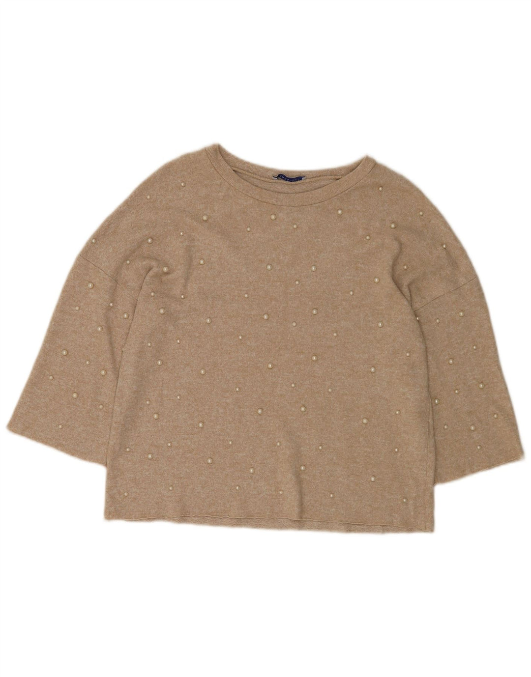 Zara Dame 3/4-ærmet bluse Top UK 10 Small Beige Spotted