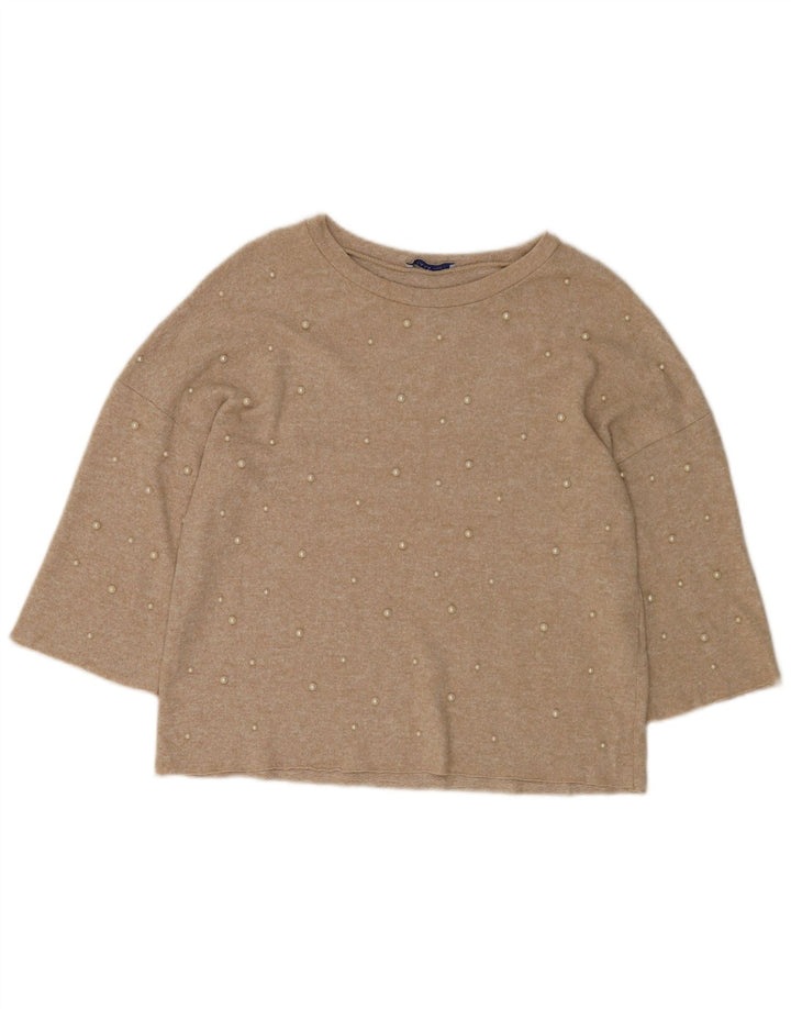 Zara Dame 3/4-ærmet bluse Top UK 10 Small Beige Spotted