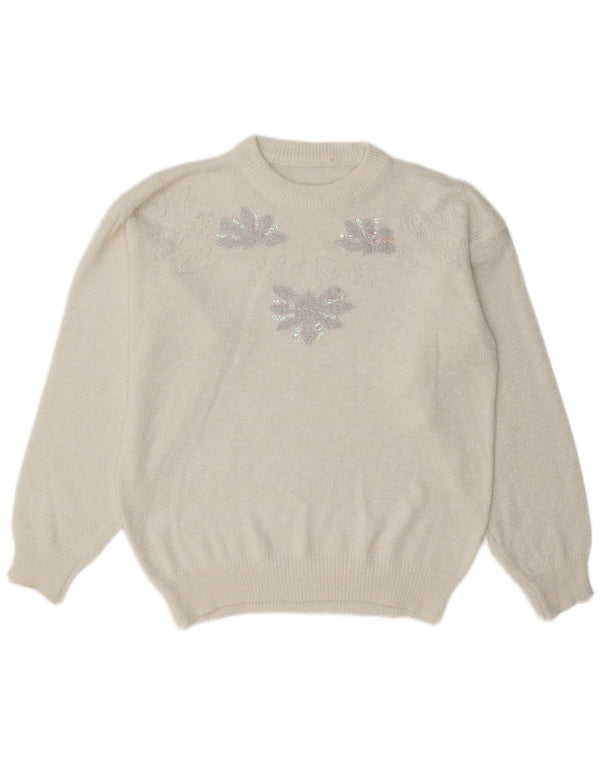 Vintage Kvinders Grafisk Crew Neck Jumper Sweater UK 14 Large White Floral