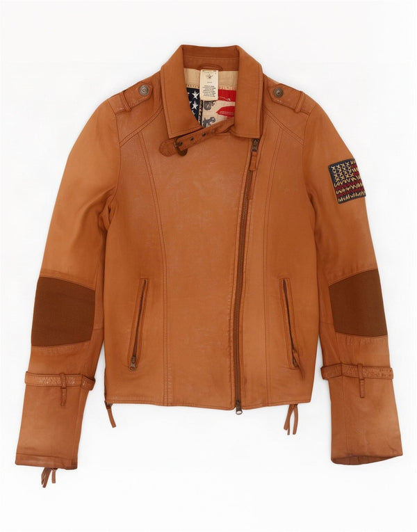 True Religion Dame Læder Biker Jacket UK 10 Small Beige Colourblock