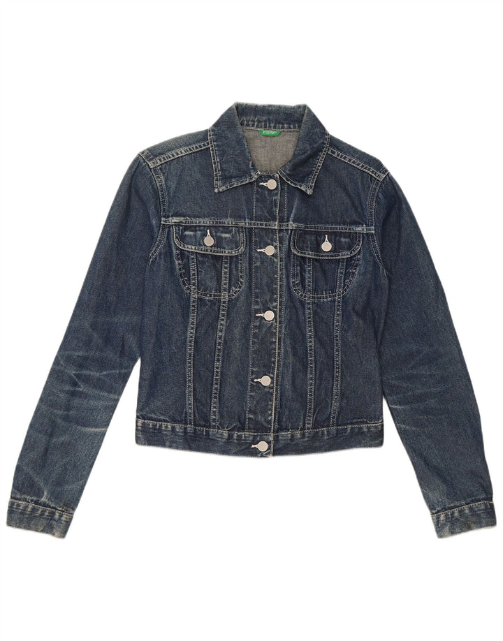 Benetton Dame Crop Denim Jacket UK 10 Small Blue Cotton