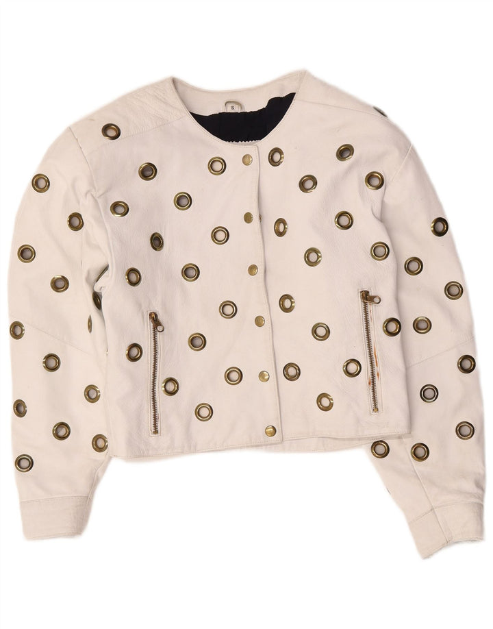 Vintage Dame Crop Læderjakke UK 10 Small White Læder