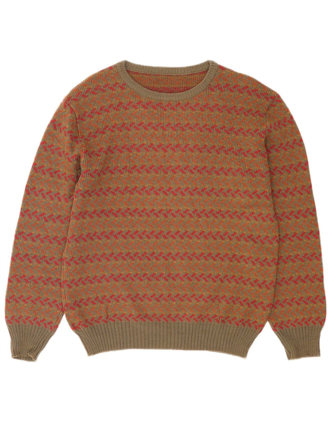 Vintage mænd med rund hals sweater Medium Khaki geometrisk uld