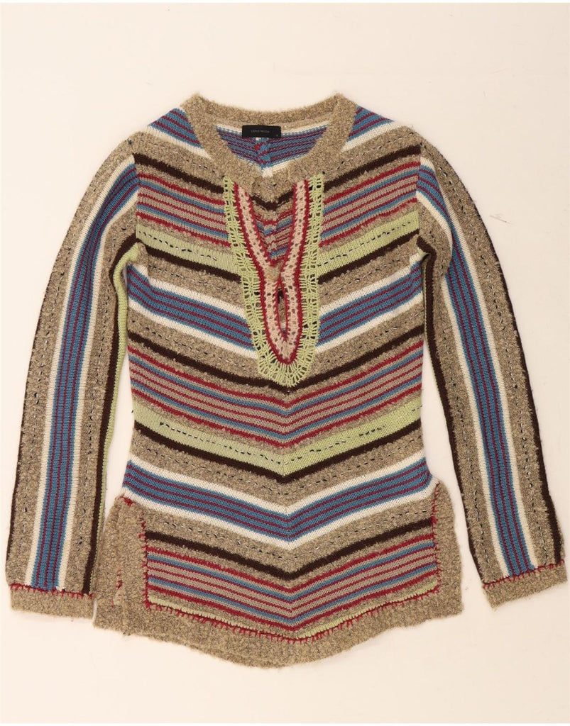 VERO MODA Womens V-Neck Jumper Sweater UK 14 Medium Multicoloured Striped Vintage Vero Moda and Second-Hand Vero Moda from Messina Hembry 