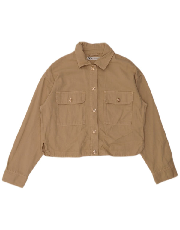 Zara Womens Crop Oversized Bomber Jacket UK 10 Small Beige Bomuld