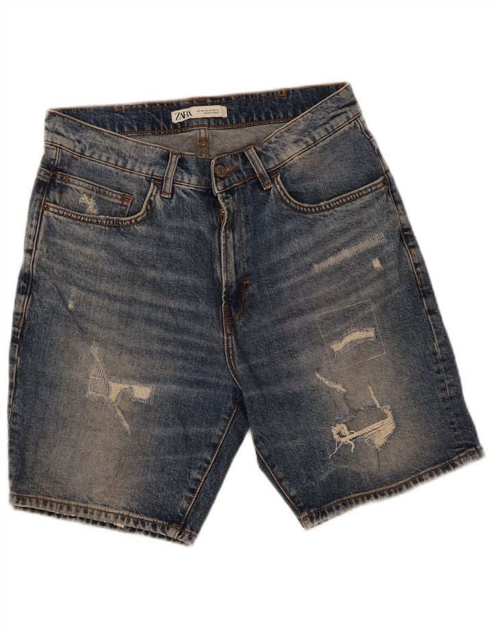 Zara Herre Distressed Denim Shorts EU 40 Medium W31 Blå Bomuld