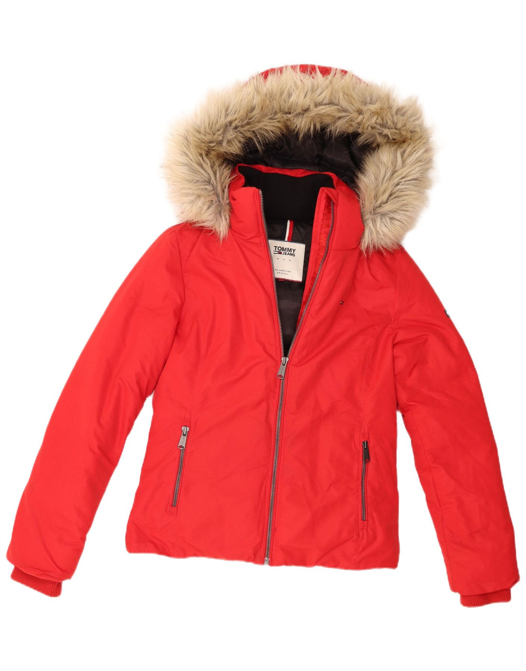 Tommy Hilfiger Dame Hætte Polstret Jakke UK 10 Lille Rød Polyester