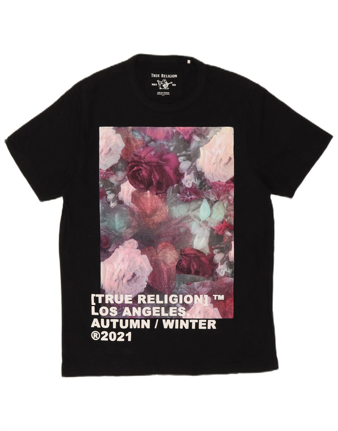 TRUE RELIGION Herre grafisk T-shirt Top Lille sort blomstret bomuld