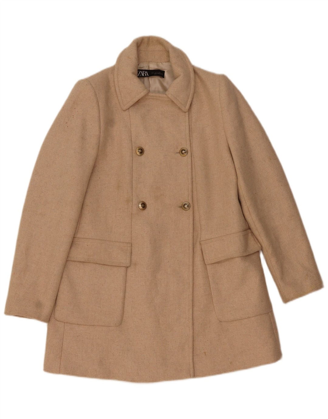 Zara Dame Dobbeltradet Frakke UK 10 Small Beige Sildebensuld
