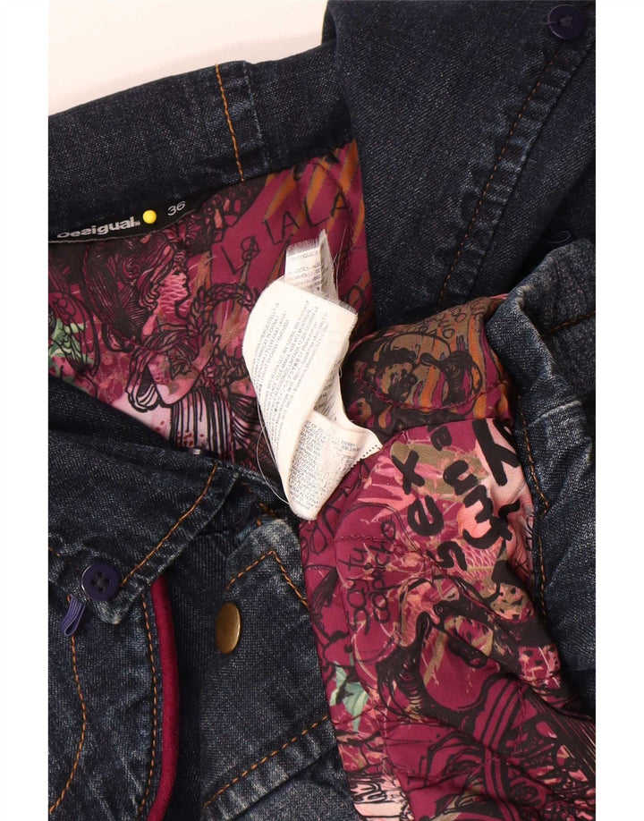 Desigual Dame Oversized grafisk denim frakke EU 36 Small Navy Blue Floral