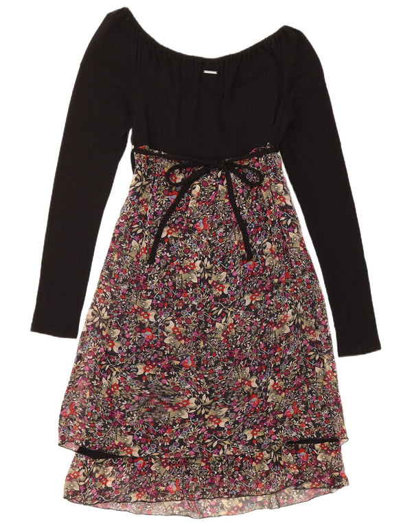 Marella Dame Langærmet Tiered Kjole UK 16 Large Black Floral Wool