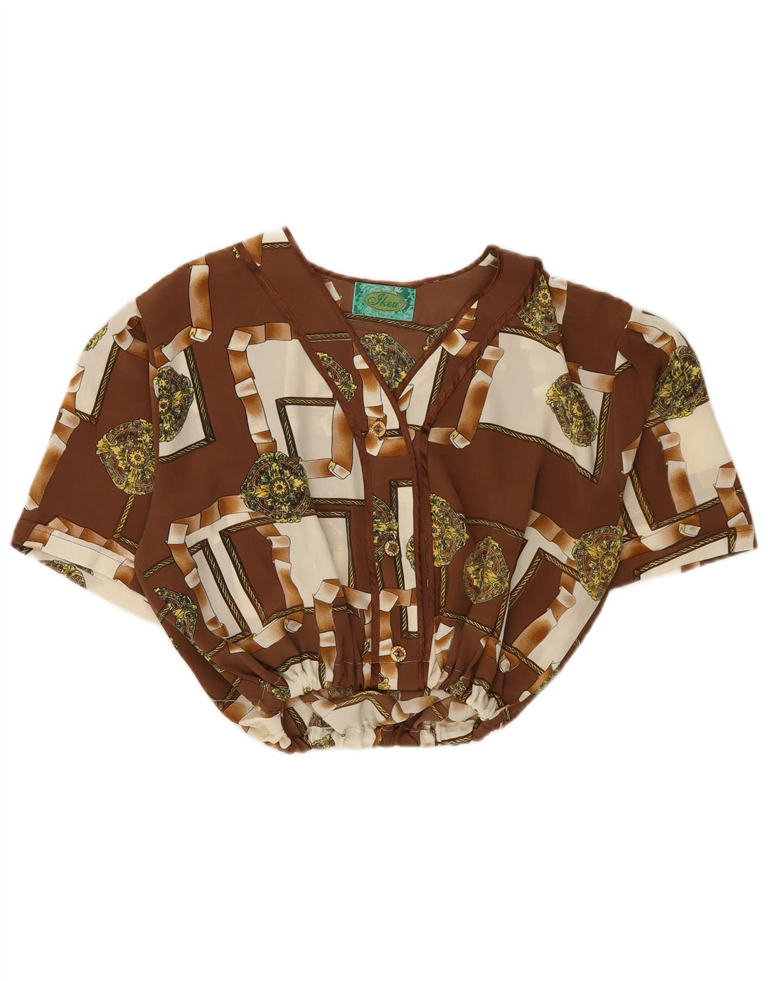 VINTAGE Womens Abstract Pattern Short Sleeve Crop Top UK 12 Medium Brown
