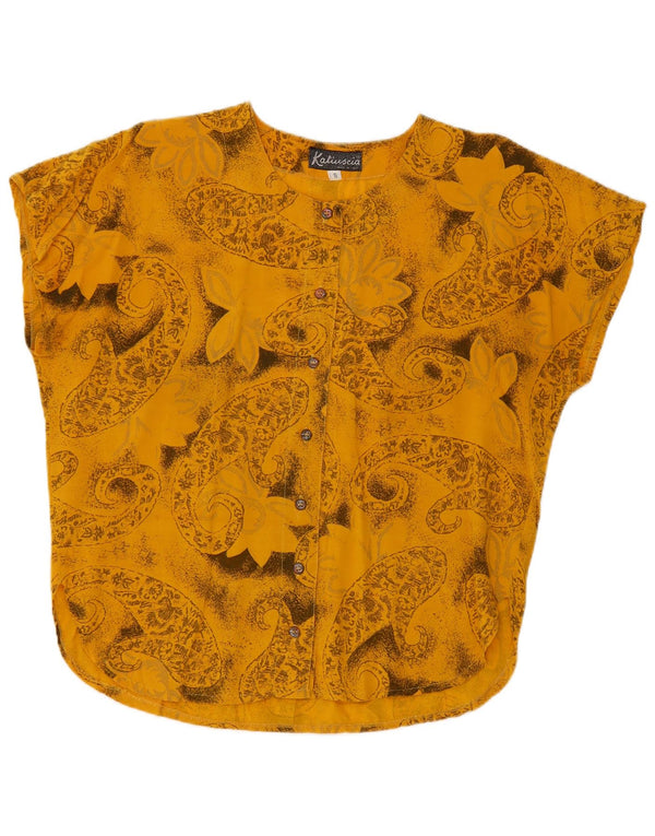 Vintage kvinders kortærmet skjortebluse UK 10 Small Yellow Paisley