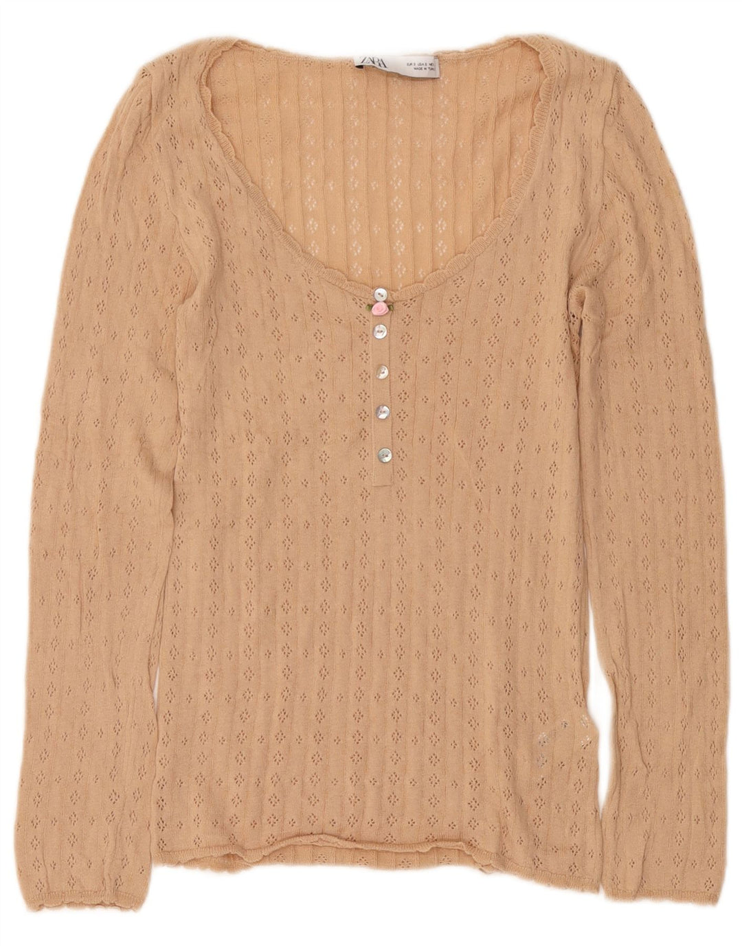 Zara Dame Top Langærmet UK 10 Small Beige Bomuld