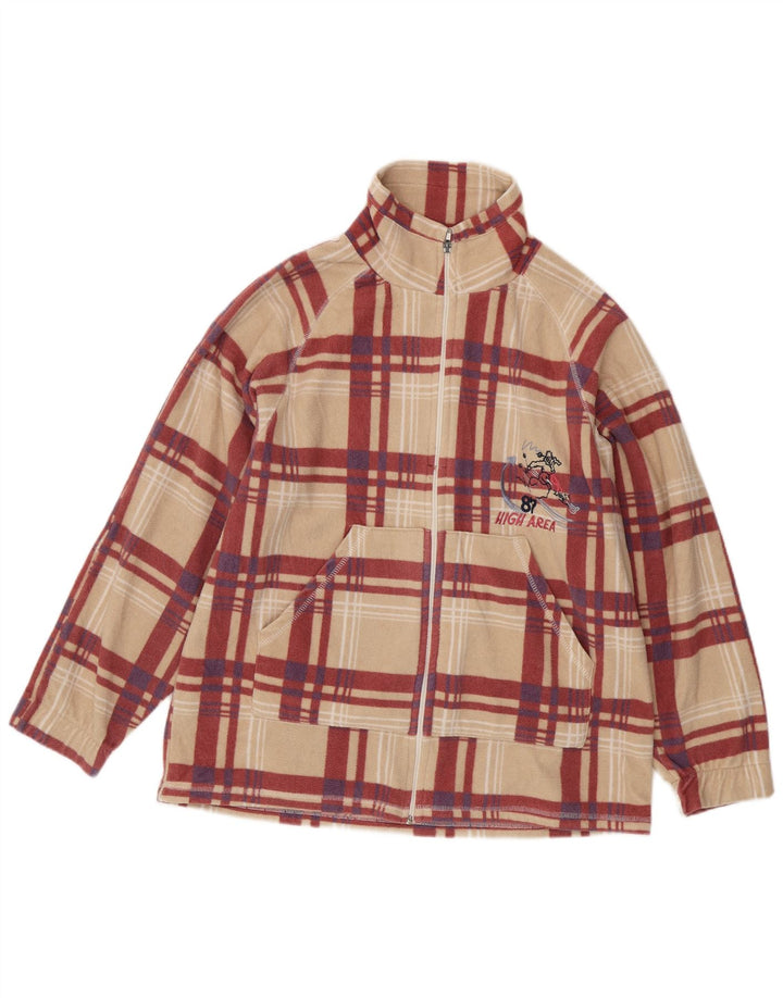 Vintage kvinders grafisk fleecejakke UK 18 XL Beige Plaid Polyester