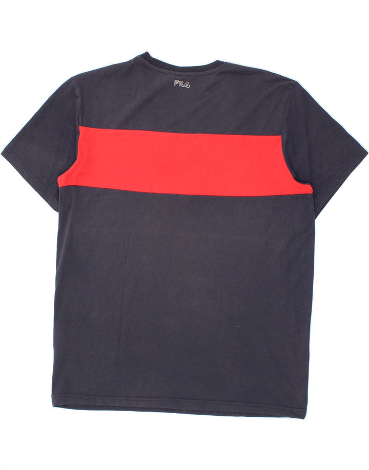 FILA Mens Graphic T-Shirt Top Medium Navy Blue Colourblock Polyester Vintage Fila and Second-Hand Fila from Messina Hembry 