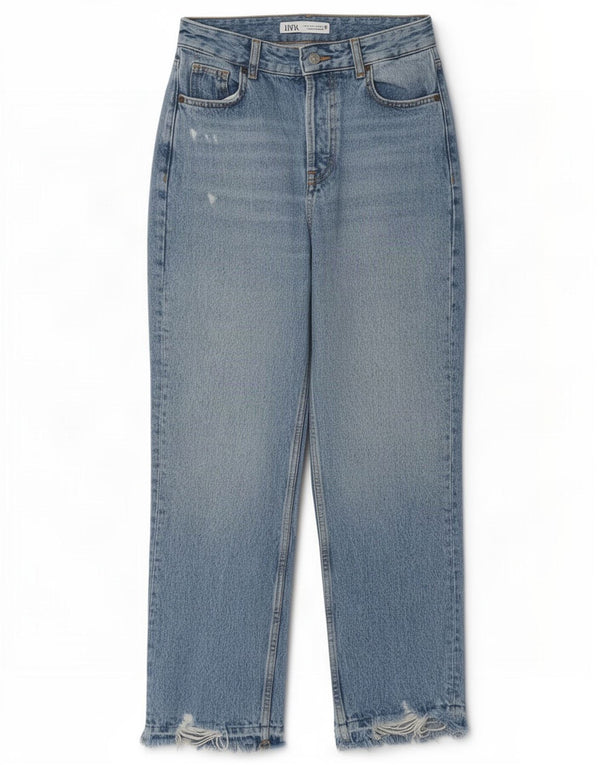 Zara Dame High Rise Distressed Straight Jeans EU 34 2XS W24 L27 Blå