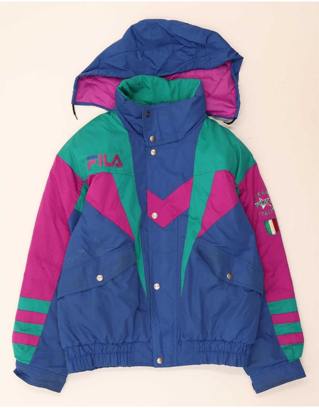 Fila Herre grafisk hætte skijakke UK 40 Medium Blue Colourblock Polyester