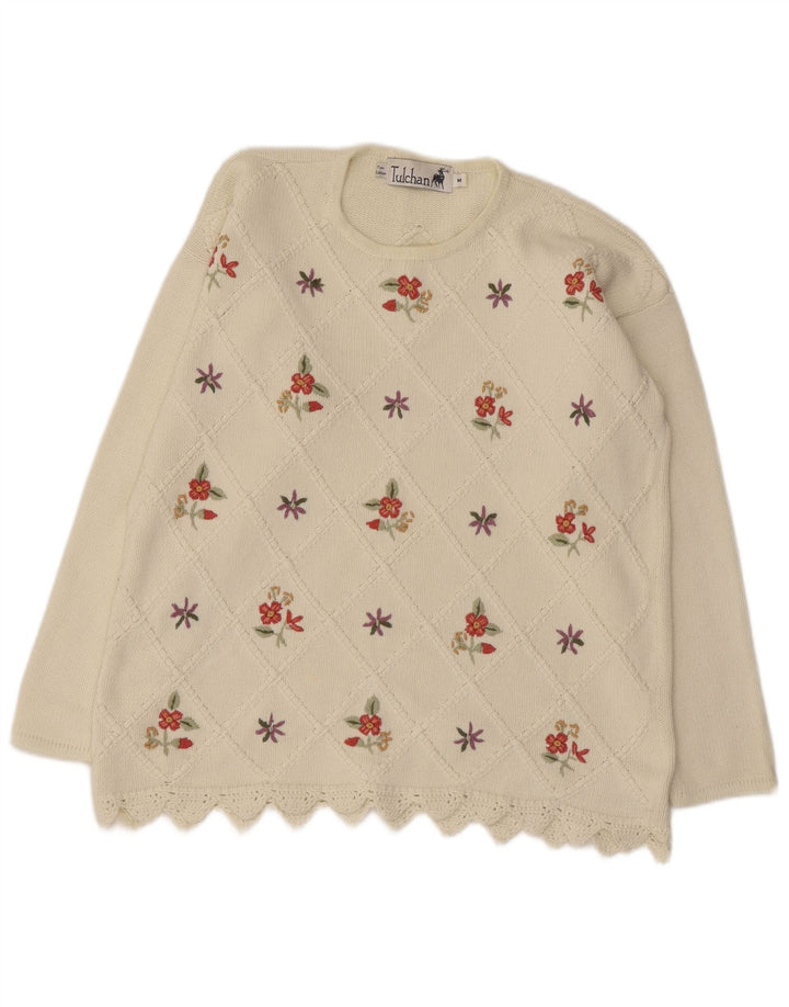 TULCHAN Dame sweater med rund hals DK 14 Medium White Floral Bomuld